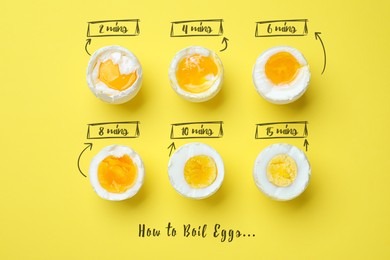 Image of Different readiness stages of boiled chicken eggs on yellow background, flat lay