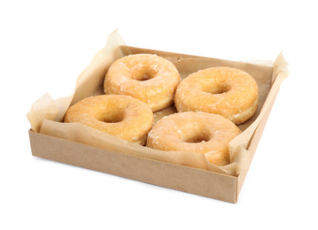 Delicious donuts in box isolated on white
