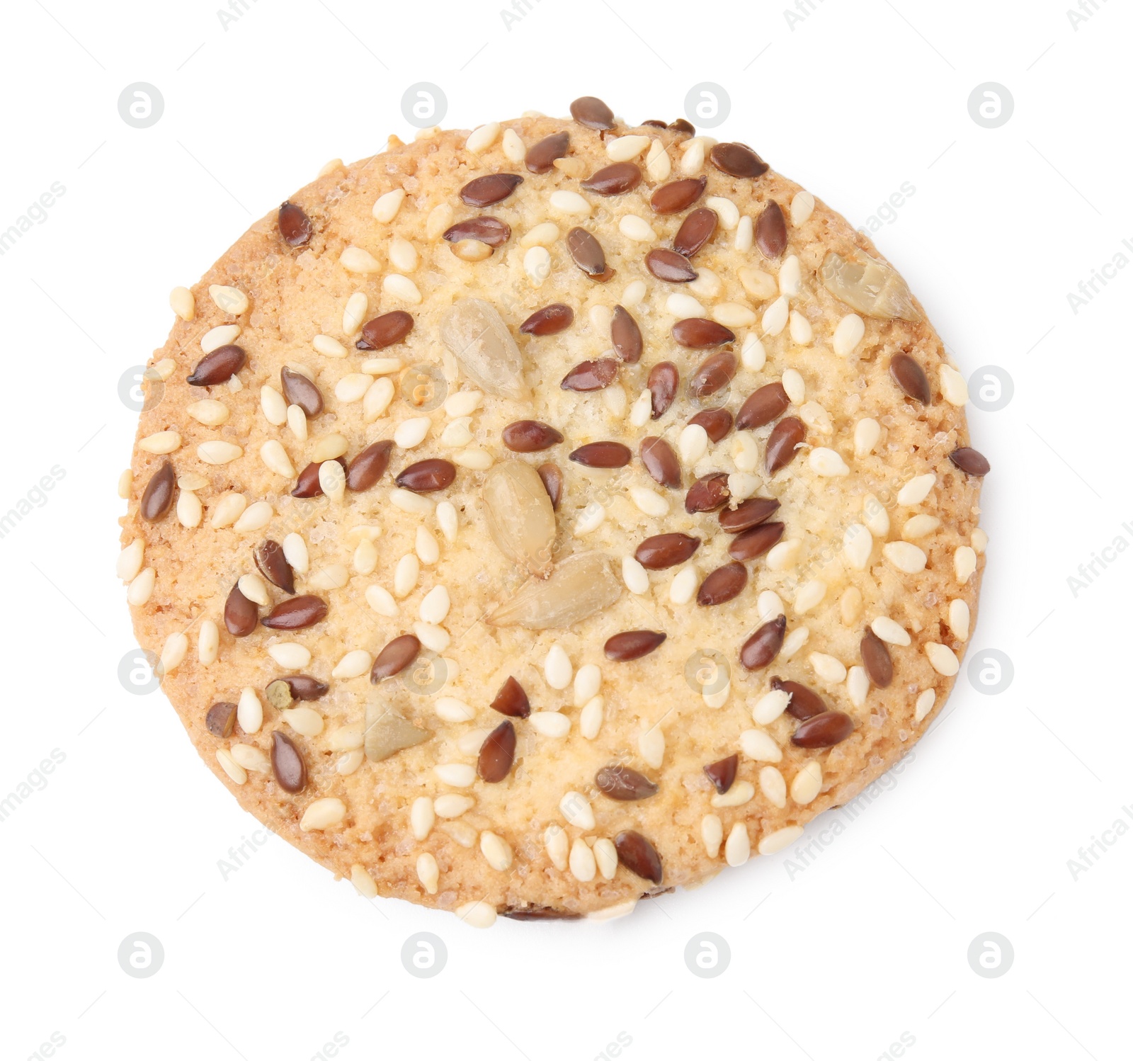 Photo of Round cereal cracker with flax, sunflower and sesame seeds isolated on white, top view