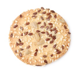 Photo of Round cereal cracker with flax, sunflower and sesame seeds isolated on white, top view