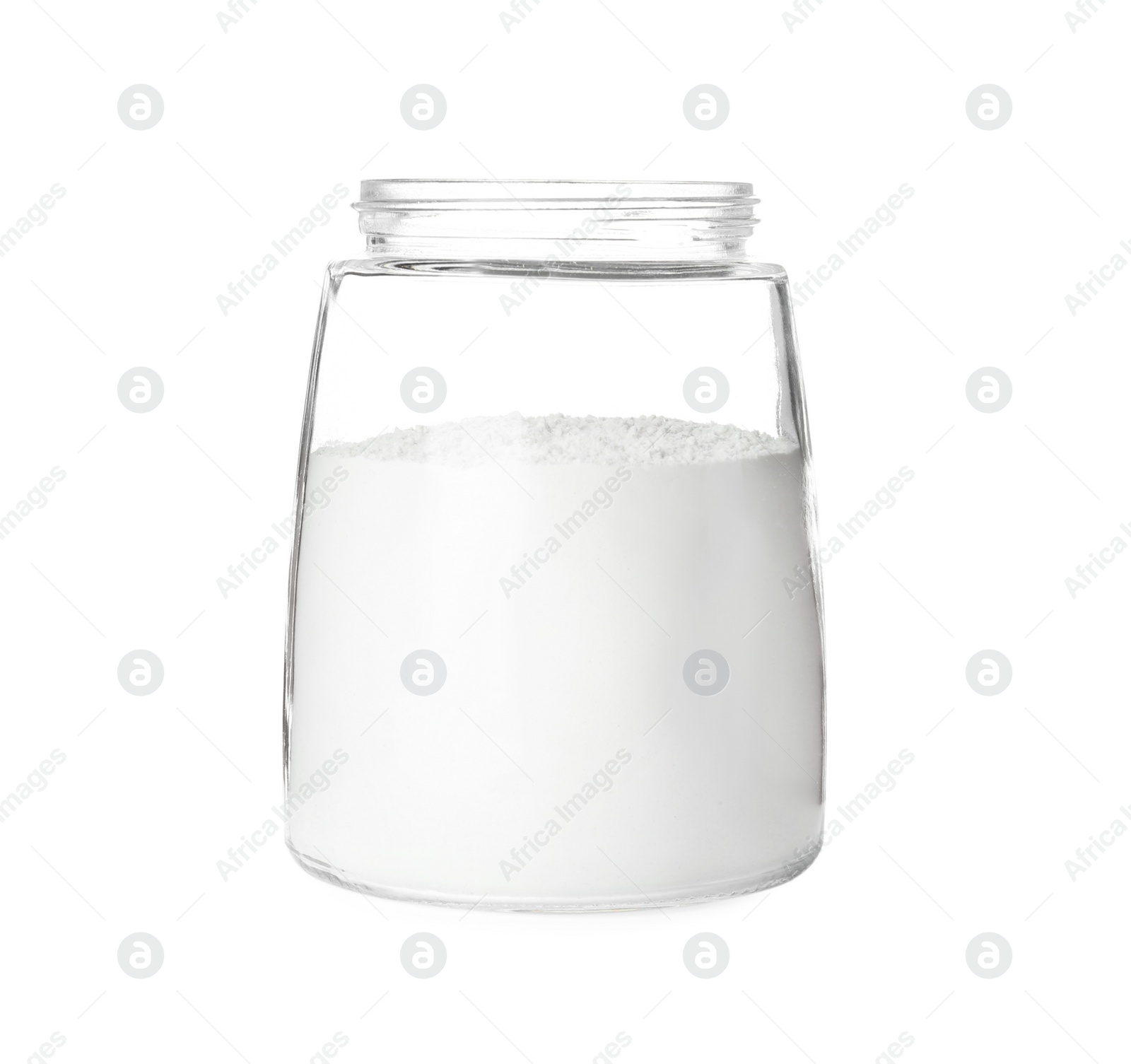 Photo of Organic flour in glass jar isolated on white