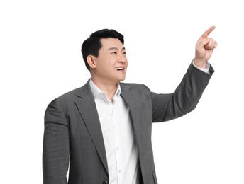 Businessman in suit posing on white background