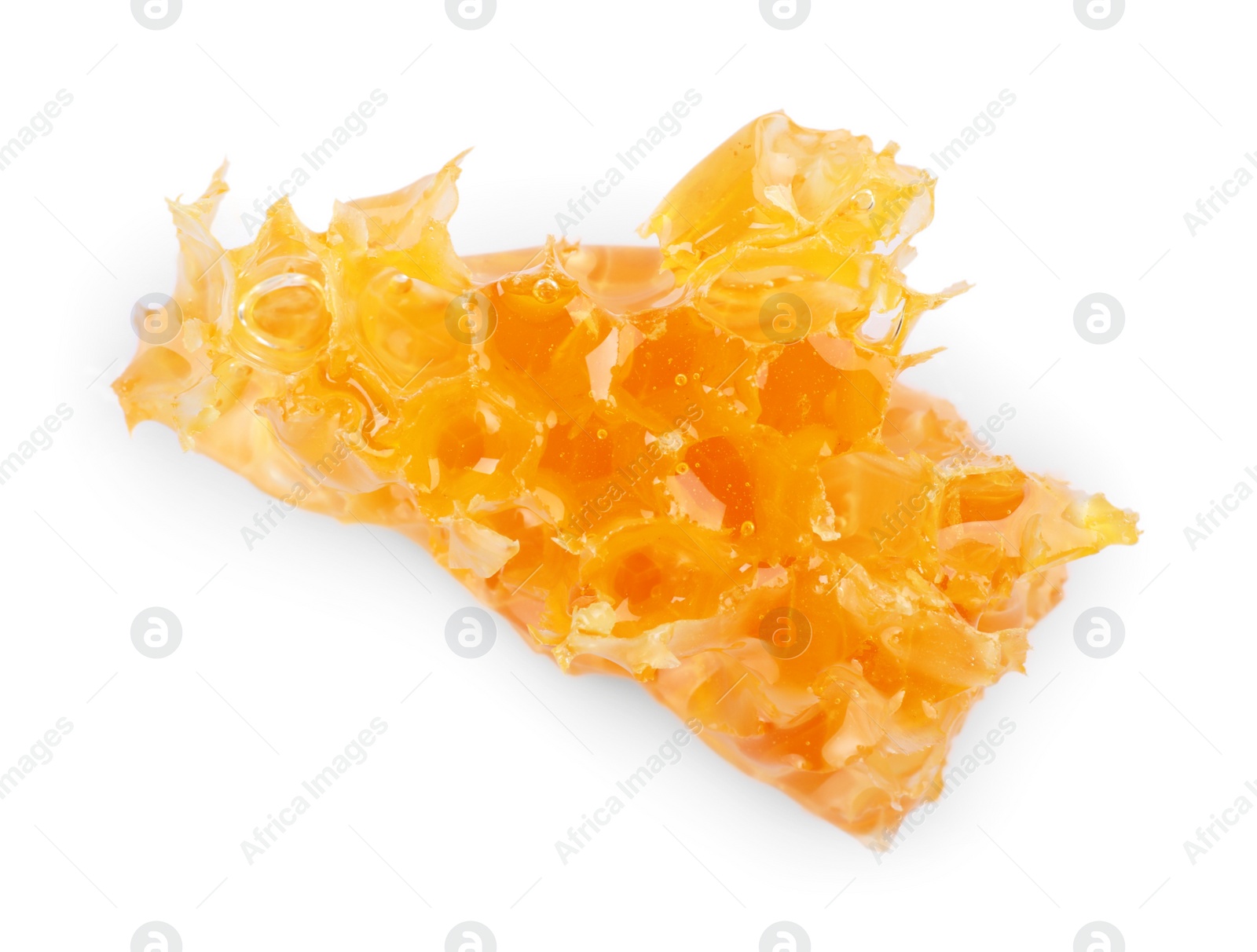 Photo of Piece of natural honeycomb with tasty honey isolated on white, top view