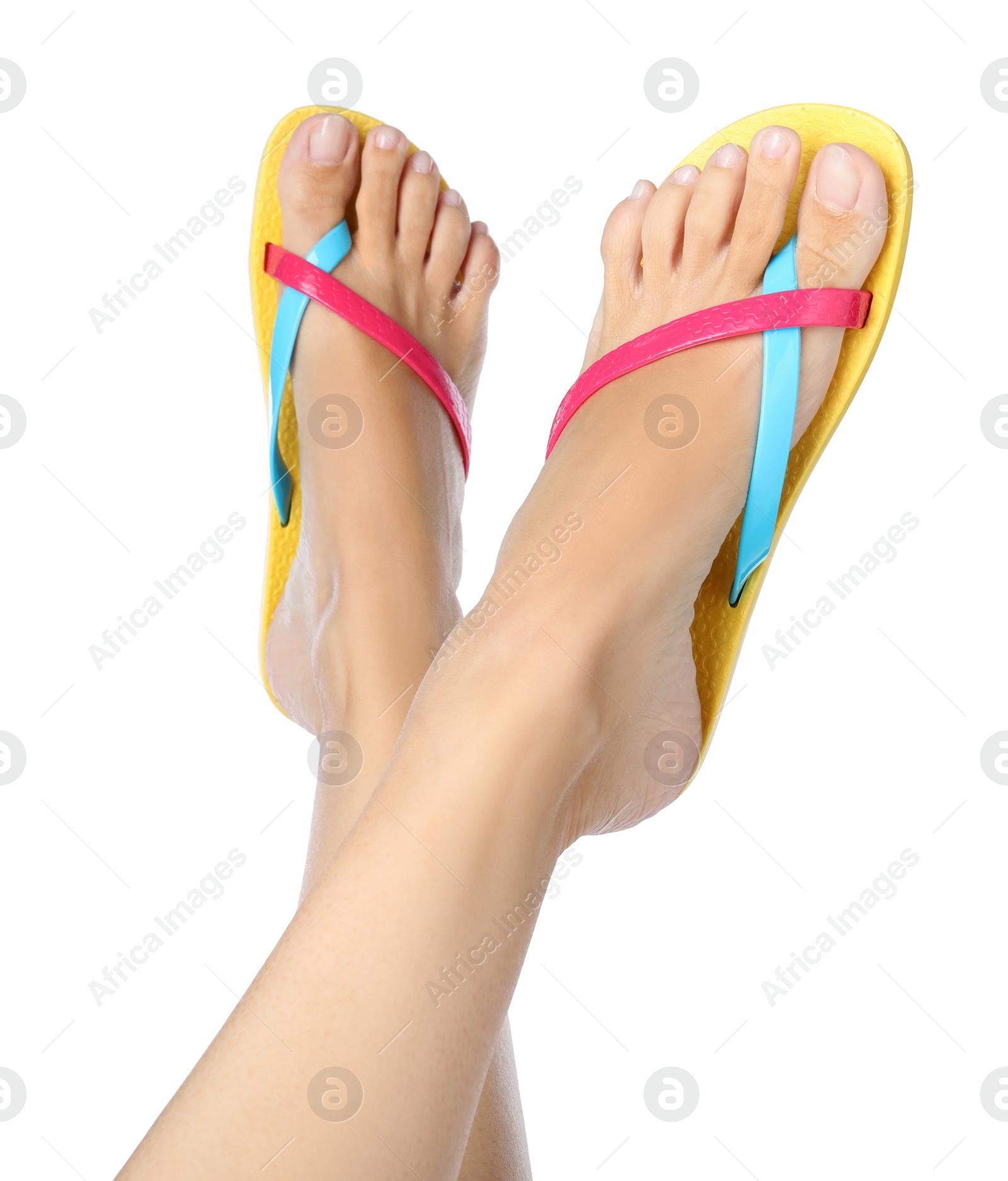 Photo of Woman wearing stylish flip flops on white background, closeup