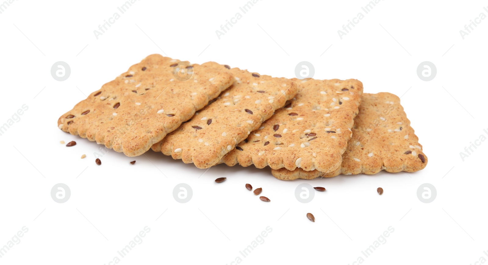 Photo of Cereal crackers with flax and sesame seeds isolated on white