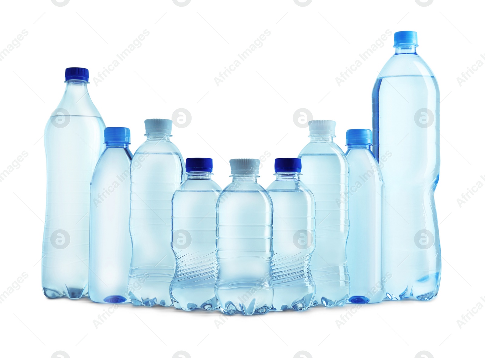 Photo of Set of different plastic bottles with water on white background