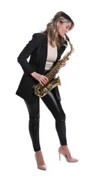 Photo of Beautiful young woman in elegant suit playing saxophone on white background