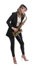 Beautiful young woman in elegant suit playing saxophone on white background