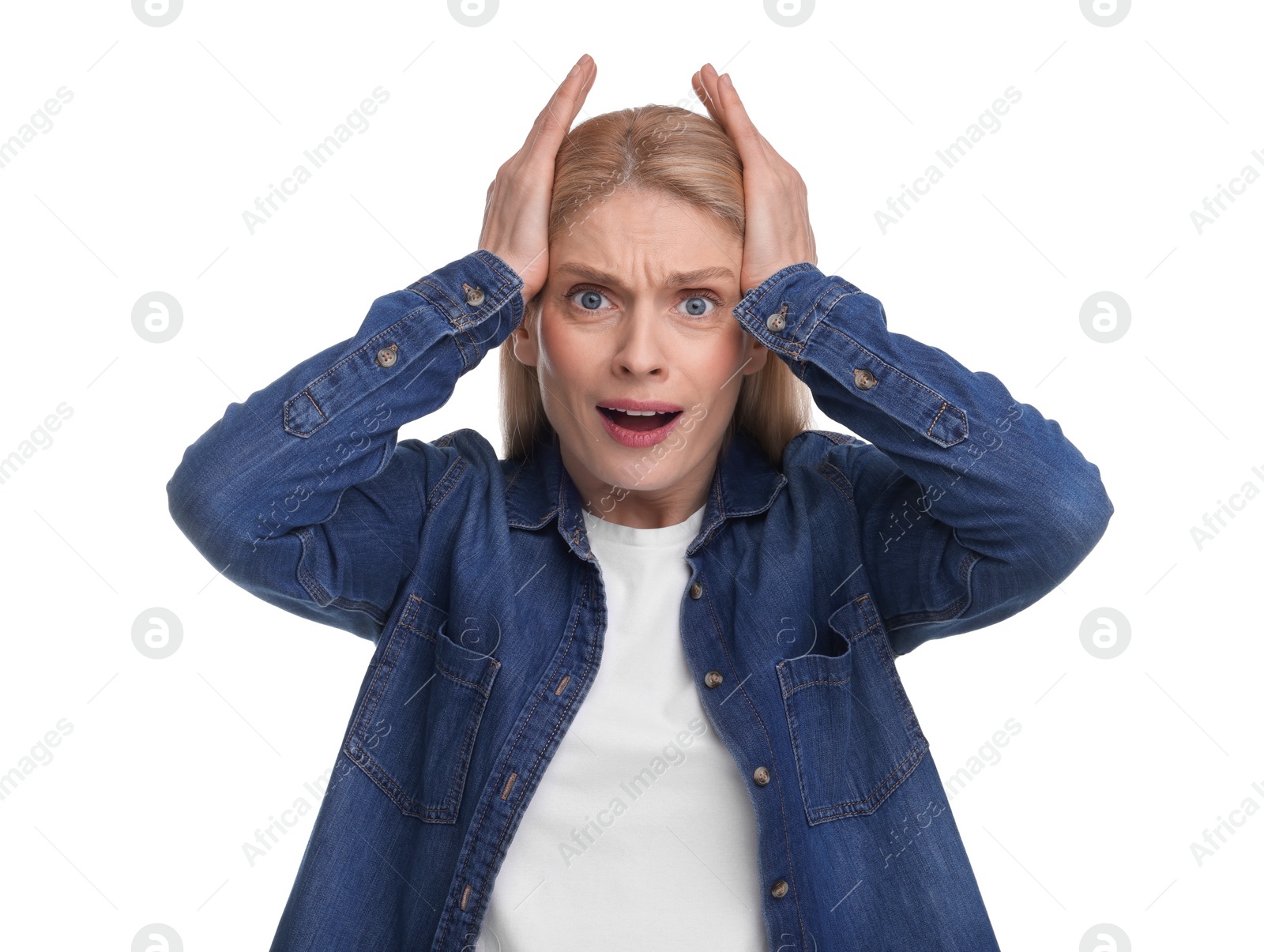 Photo of Portrait of surprised woman isolated on white