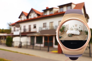 Home security system. Modern smartwatch with image of room through CCTV camera on display against house, collage design