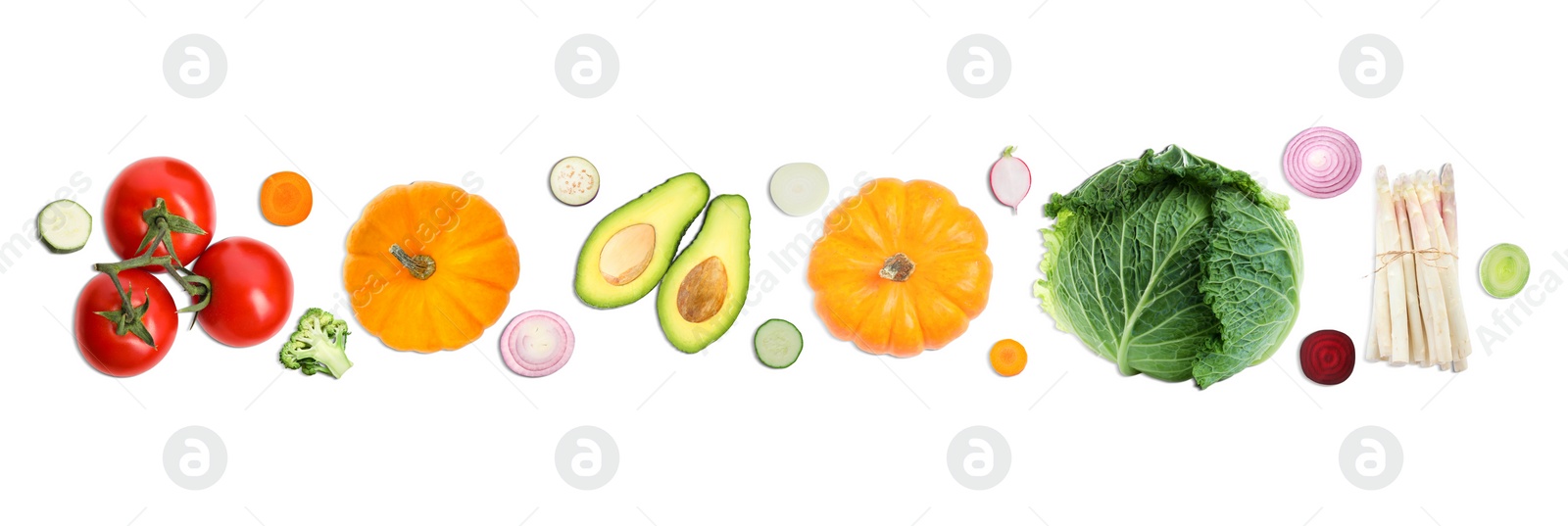 Image of Collage with many vegetables on white background, top view