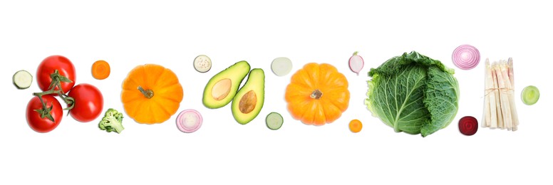 Image of Collage with many vegetables on white background, top view