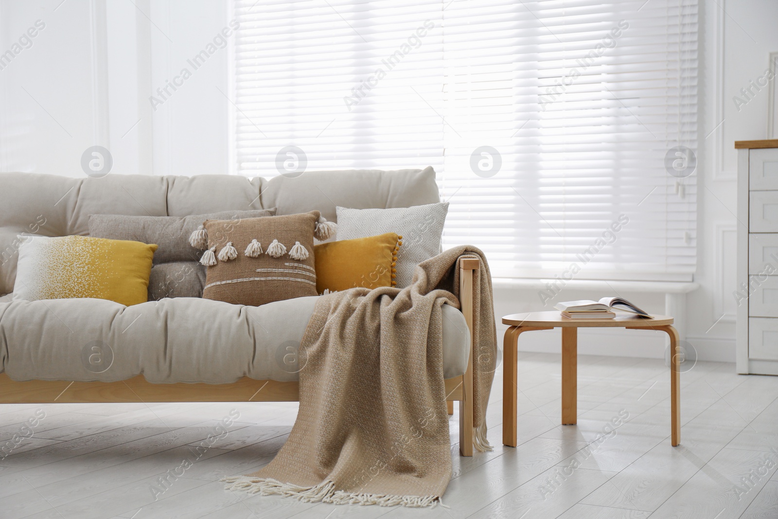 Photo of Modern living room interior with comfortable sofa and small table
