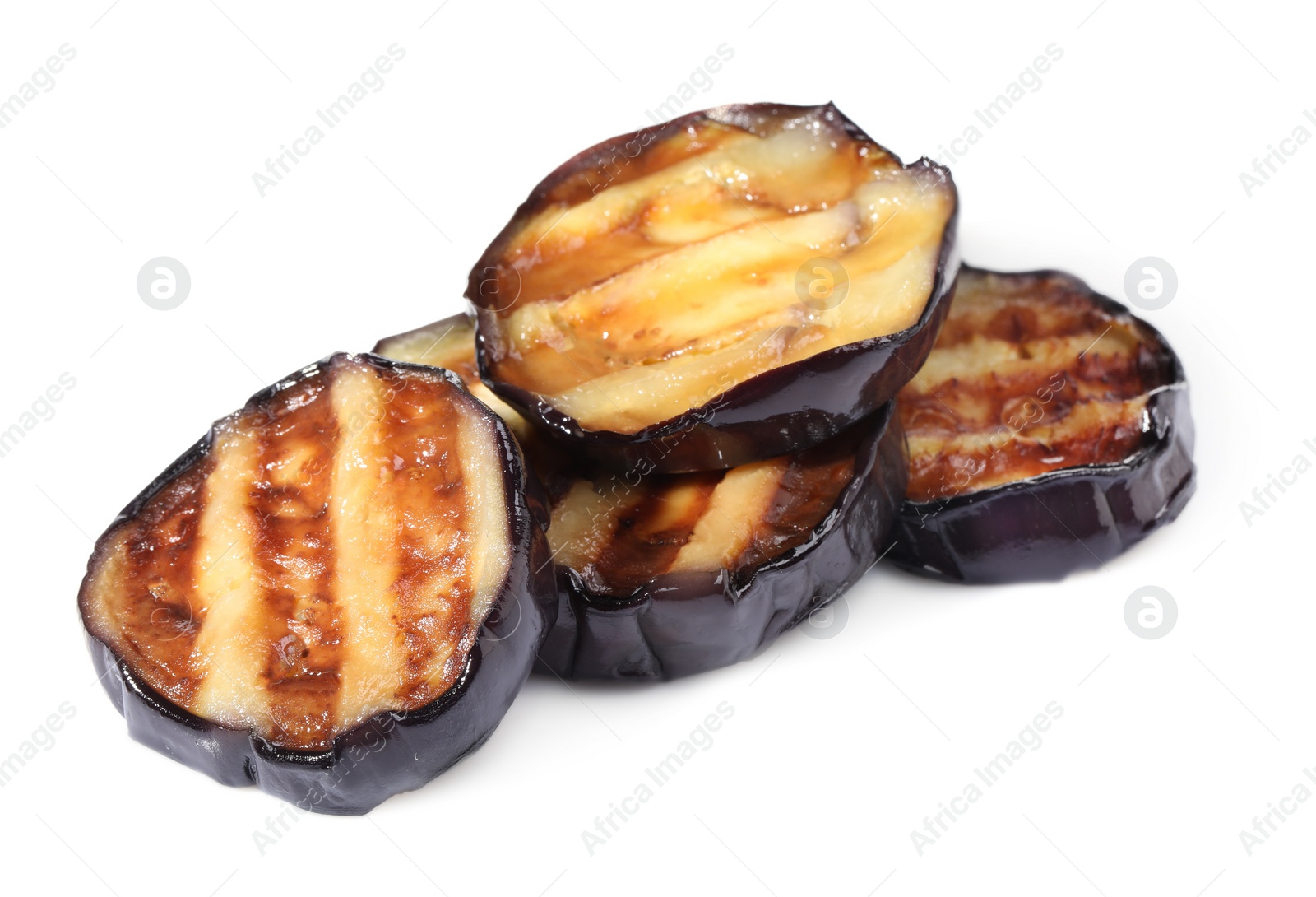 Photo of Slices of tasty grilled eggplant isolated on white