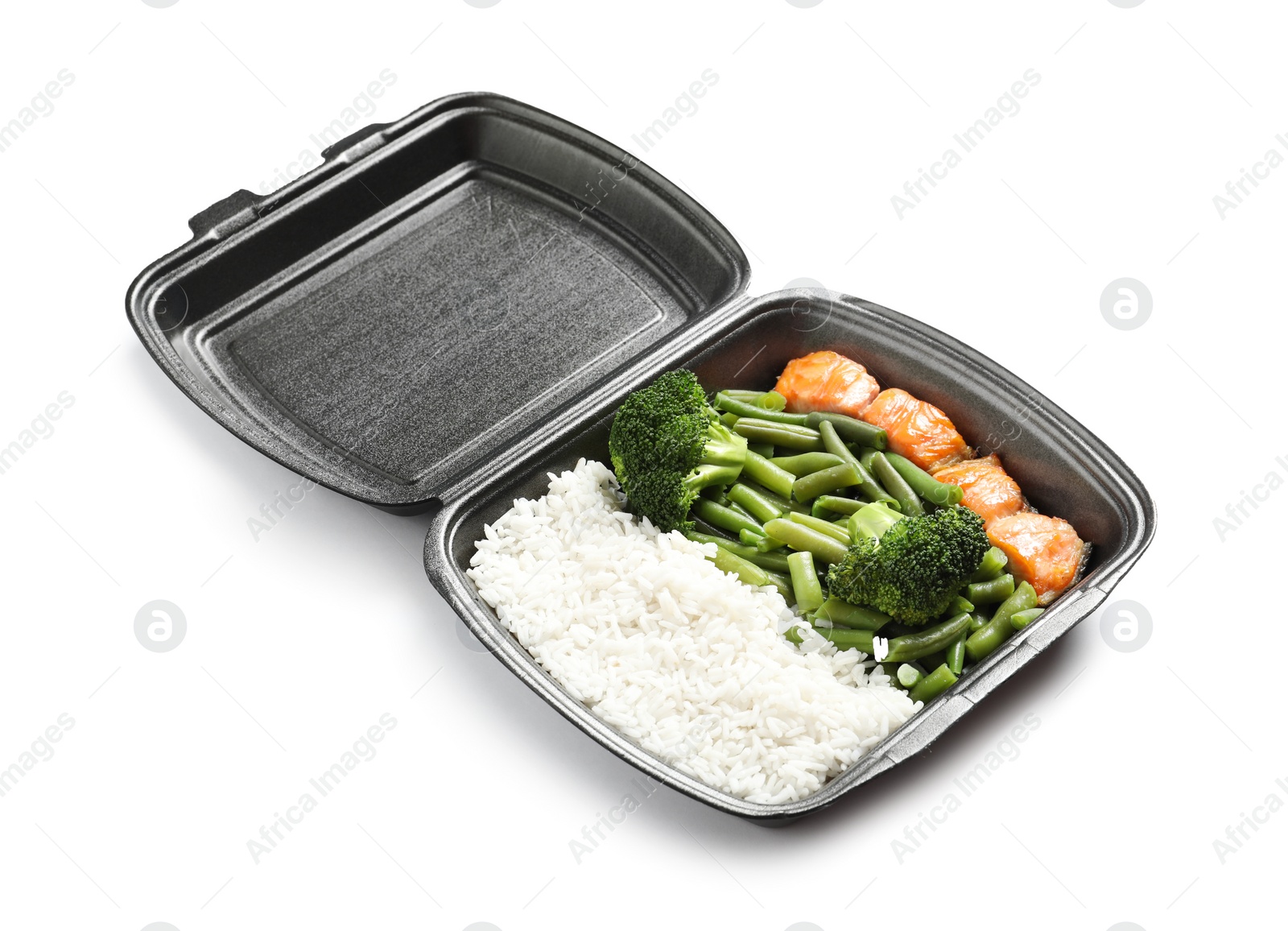 Photo of Container with natural protein food on white background