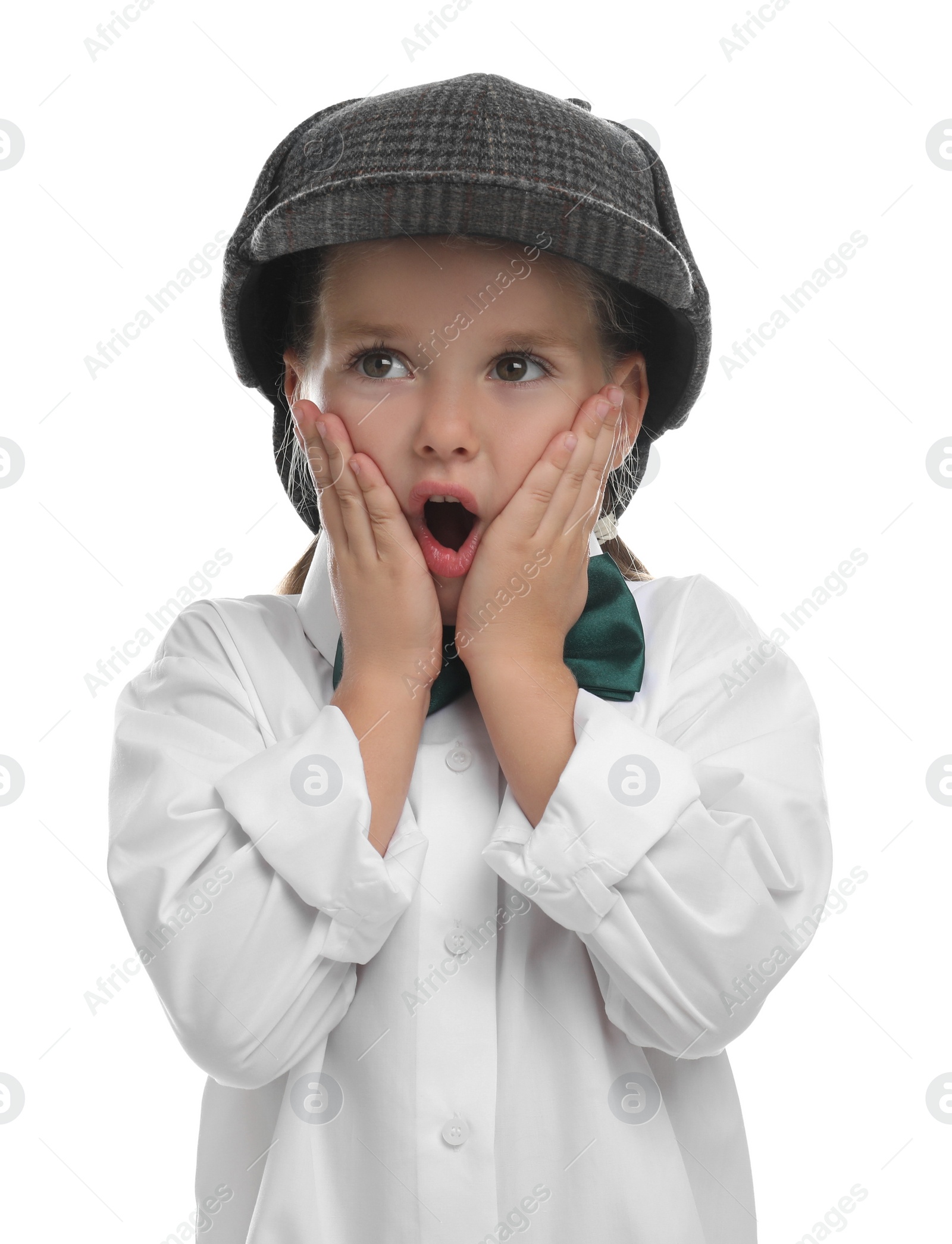 Photo of Surprised little detective in hat on white background