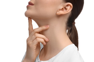 Photo of Woman touching her chin on white background, closeup