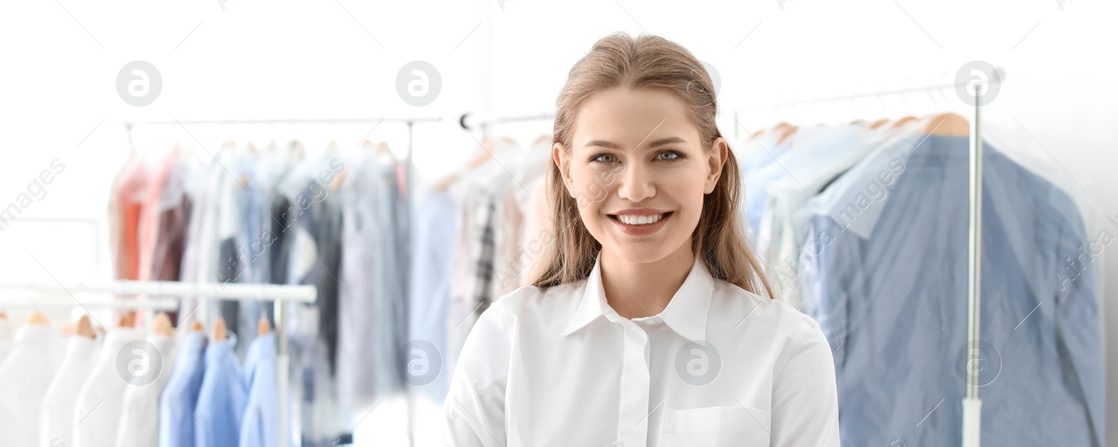 Image of Portrait of woman at workplace, banner design. Dry-cleaning service