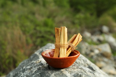 Many palo santo sticks on stone surface outdoors