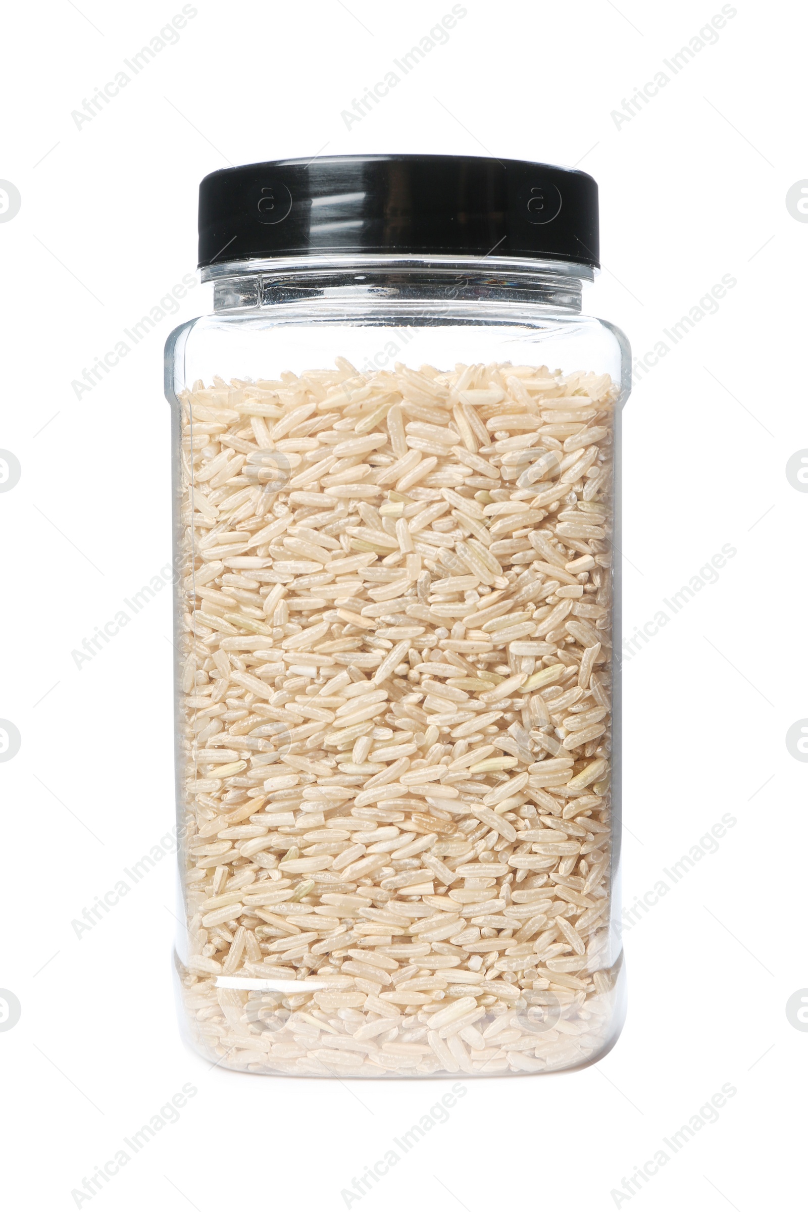 Photo of Brown rice in jar, isolated on white. Mock up for design