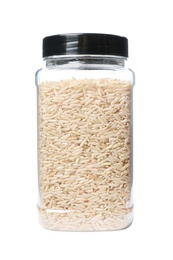 Brown rice in jar, isolated on white. Mock up for design