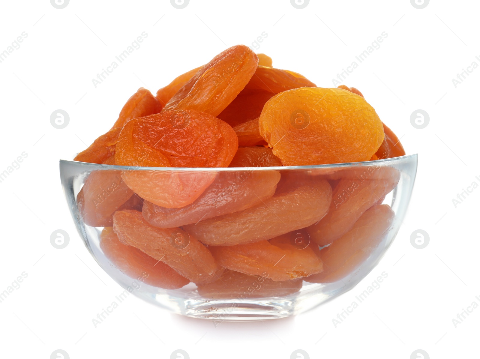 Photo of Bowl with apricots on white background. Dried fruit as healthy food