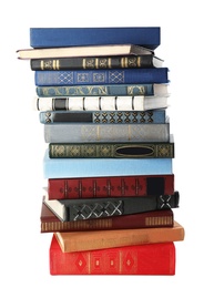 Photo of Stack of hardcover books on white background