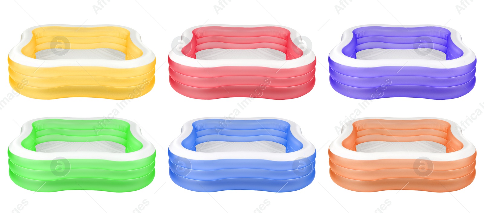 Image of Set with different colorful inflatable rubber pools on white background. Banner design