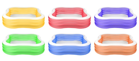 Set with different colorful inflatable rubber pools on white background. Banner design