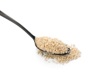 Photo of Spoon with sesame seeds on white background