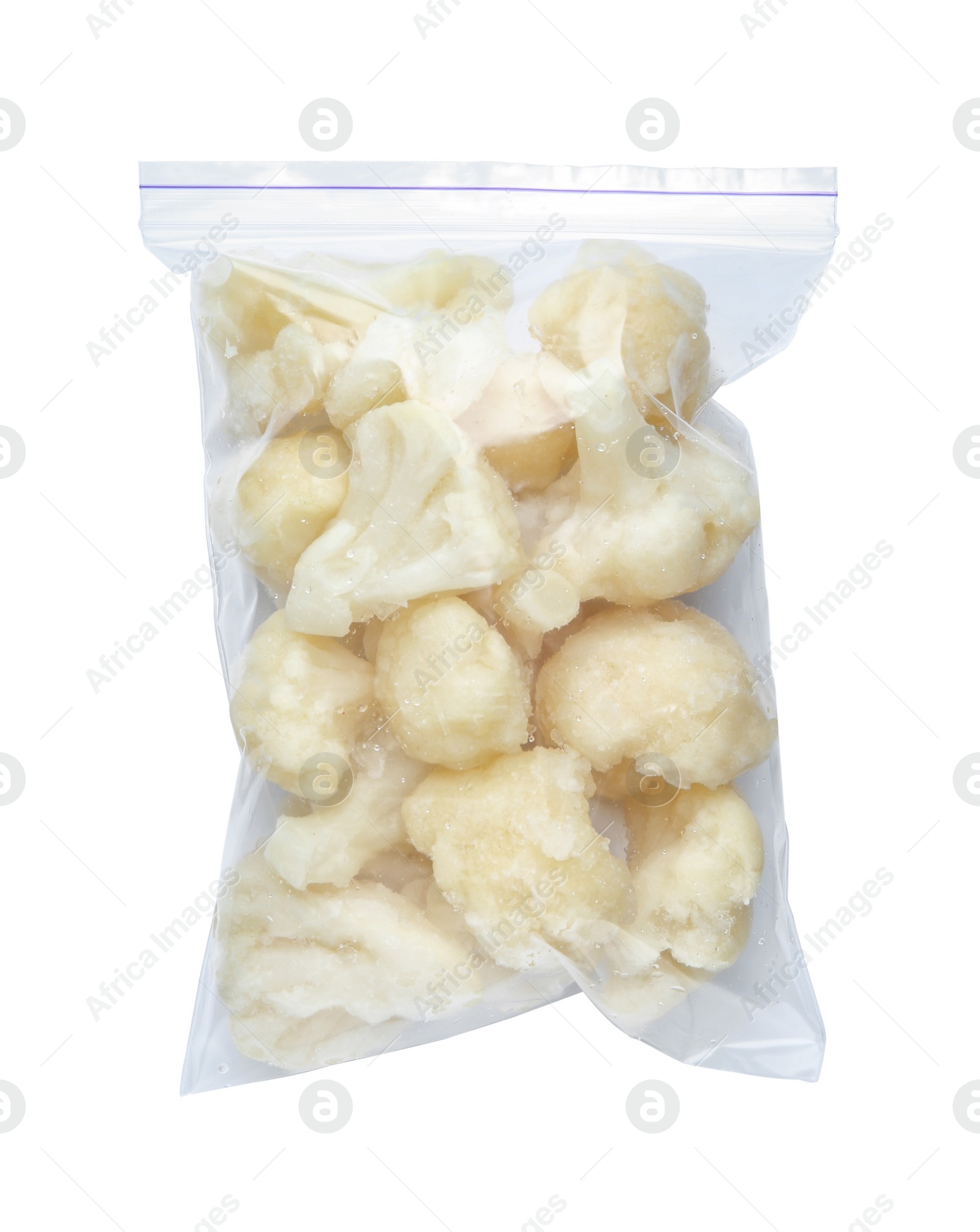 Photo of Plastic bag with frozen cauliflower on white background, top view. Vegetable preservation