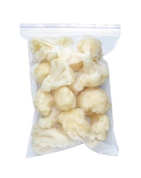 Photo of Plastic bag with frozen cauliflower on white background, top view. Vegetable preservation