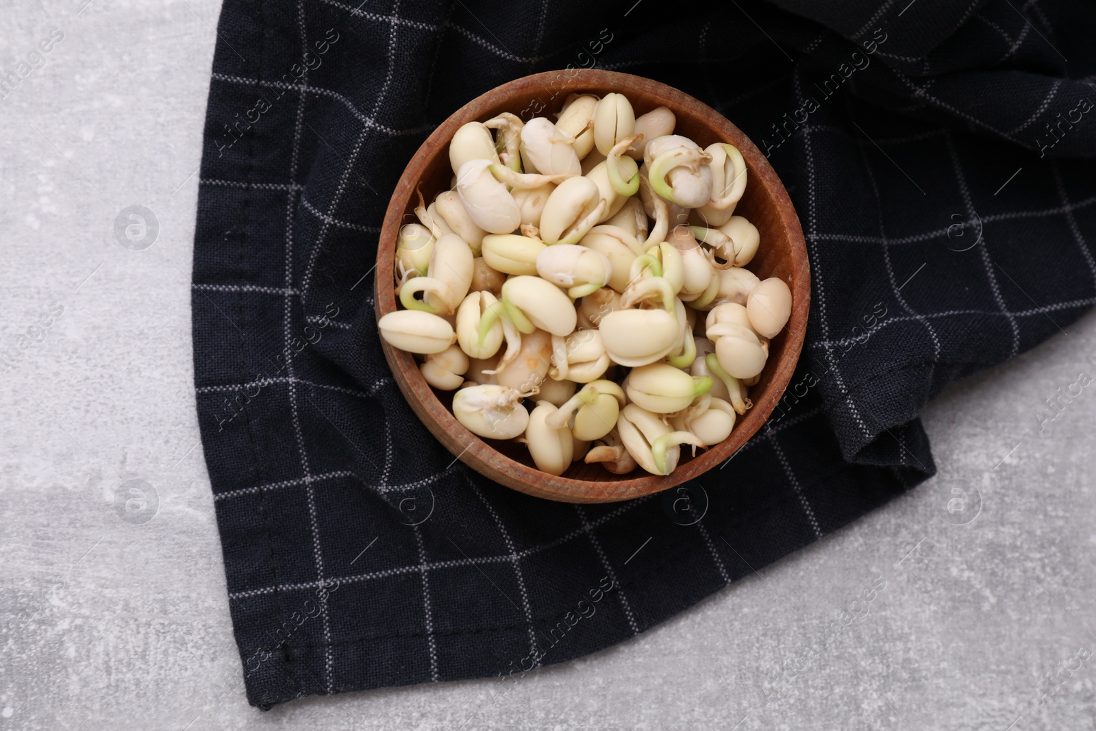 Photo of Sprouted kidney beans in bowl on light grey table, top view