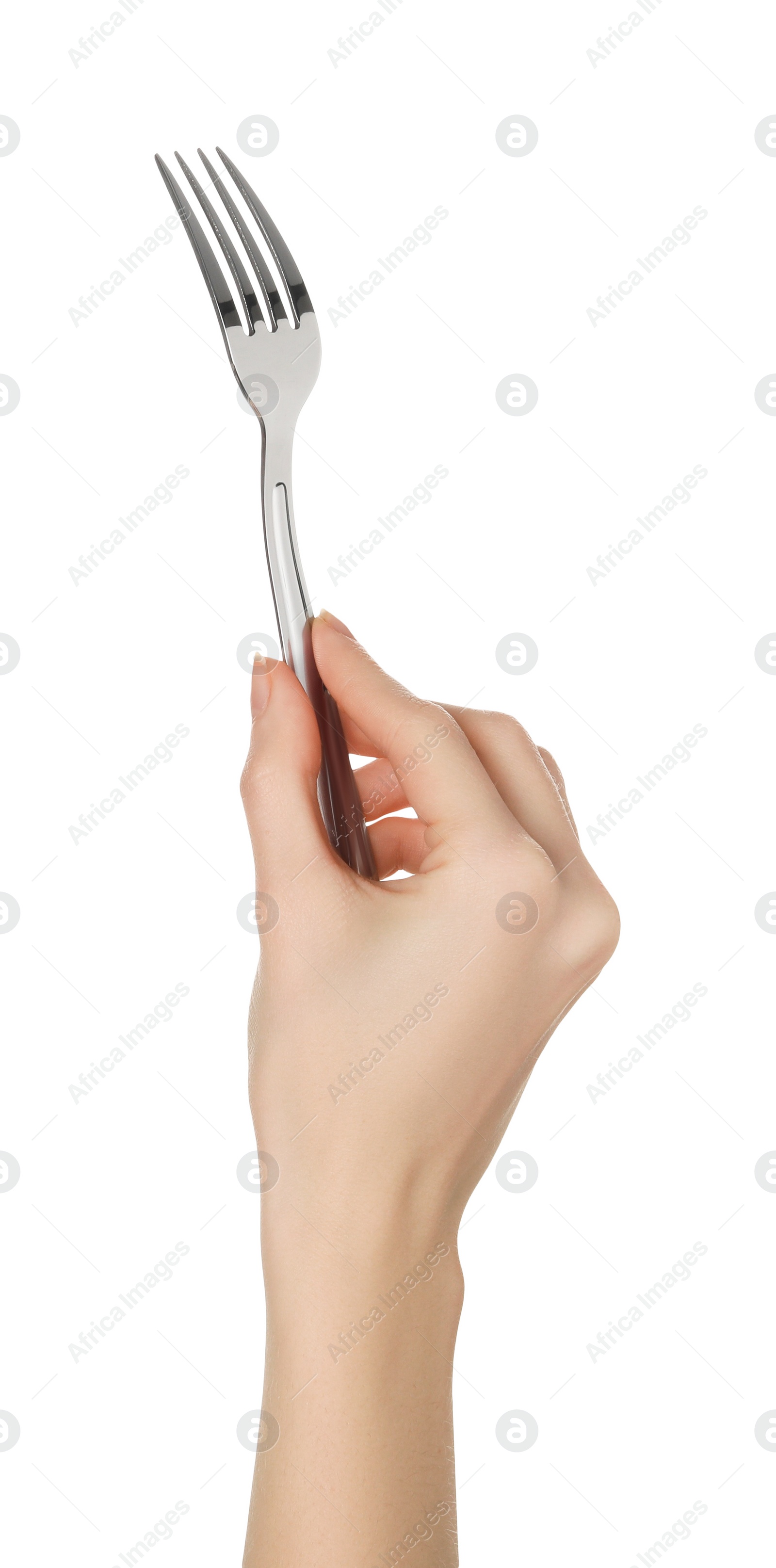 Photo of Woman holding clean fork on white background, closeup