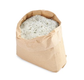 Photo of Natural herb salt in paper bag isolated on white