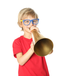 Photo of Little boy with glasses and megaphone on white background. April fool's day