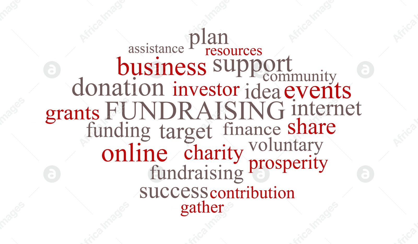 Image of Word cloud with fundraising terms on white background, banner design