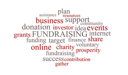 Word cloud with fundraising terms on white background, banner design