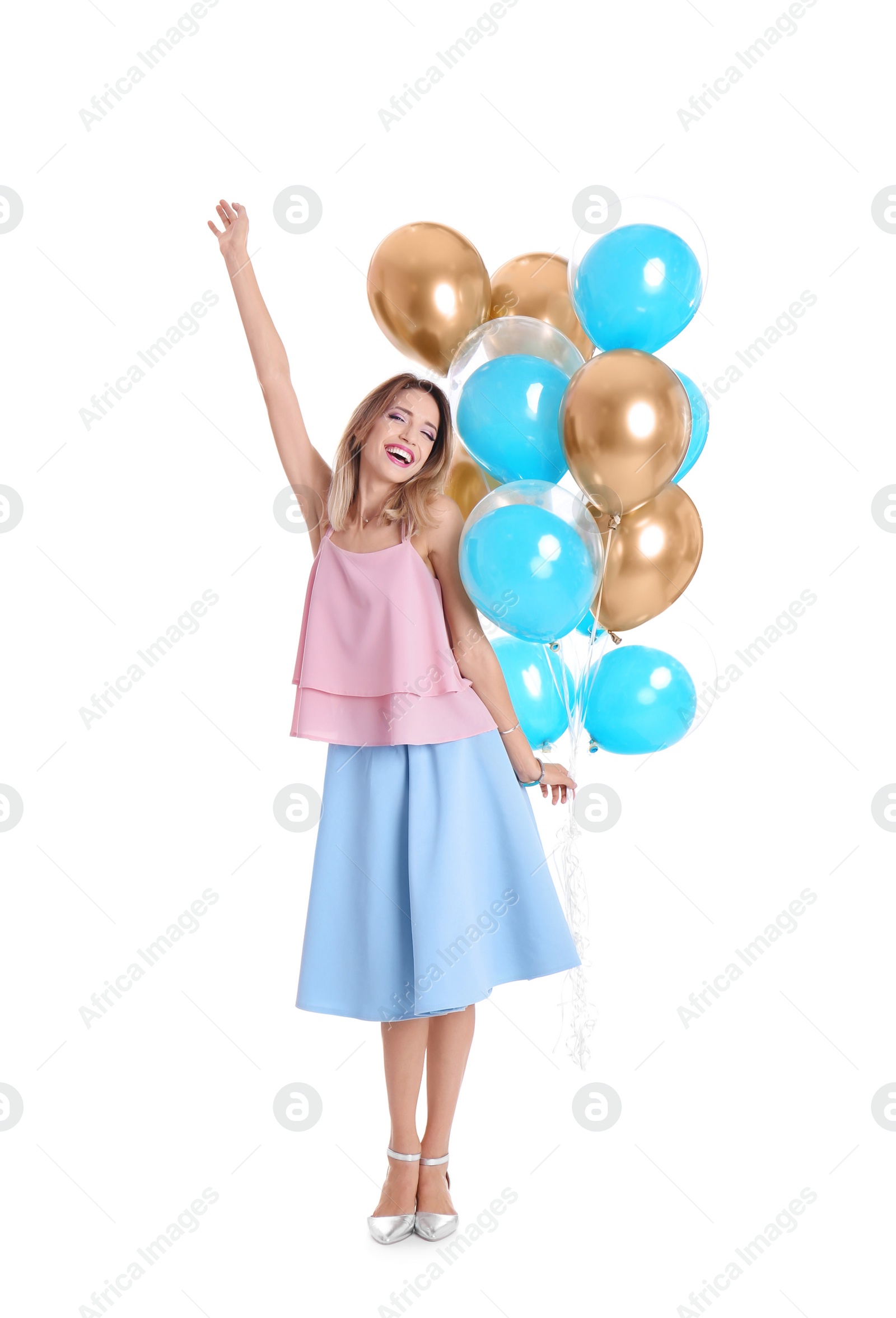 Photo of Young woman with air balloons on white background