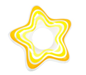 Photo of Bright star-shaped inflatable ring on white background. Summer holidays