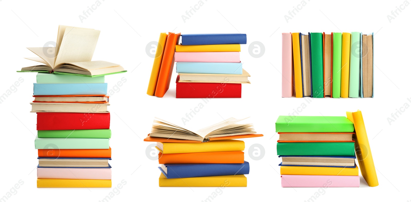 Image of Set of different bright hardcover books on white background