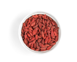 Bowl with dried goji berries isolated on white, top view