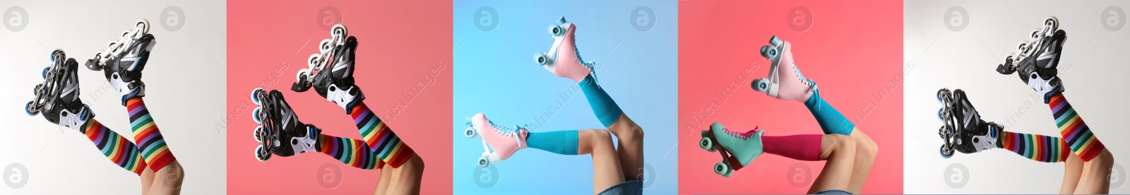Image of Photos of women with roller skates on different color backgrounds, closeup. Collage banner design