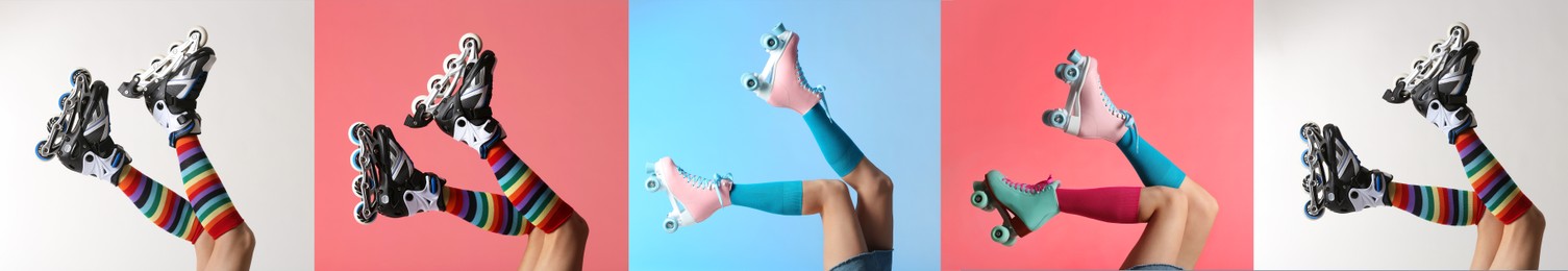 Photos of women with roller skates on different color backgrounds, closeup. Collage banner design