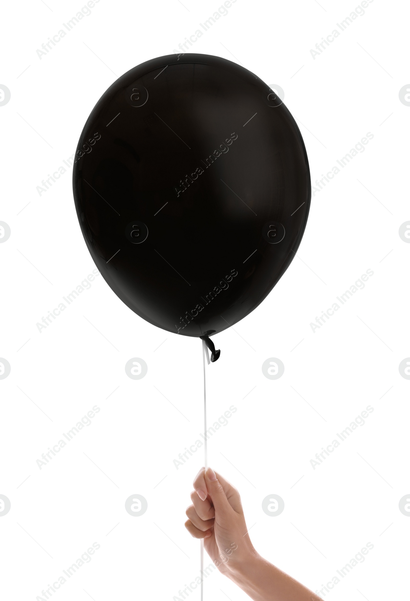 Photo of Woman holding black balloon for Halloween party on white background, closeup