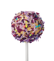 Photo of Tasty cake pop with colorful sprinkles isolated on white