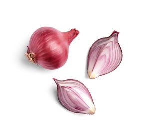 Beautiful composition with ripe red onions on white background