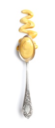 Photo of Delicious mustard and spoon on white background, top view. Spicy sauce