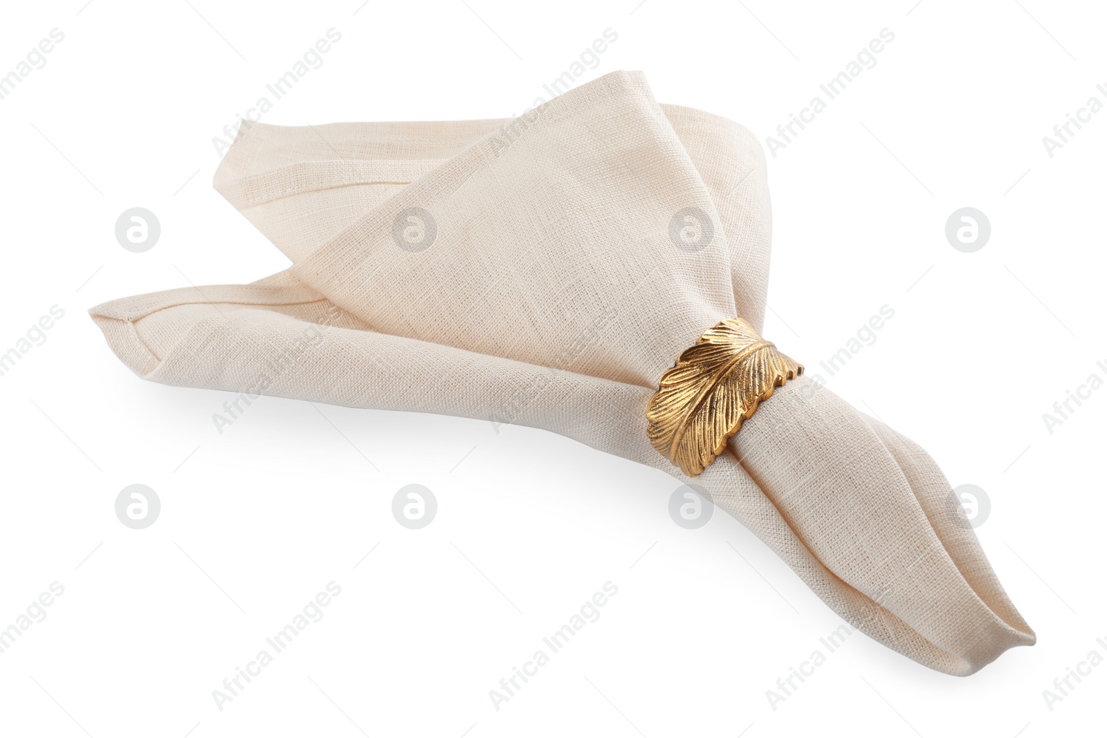 Photo of Napkin with decorative ring for table setting isolated on white