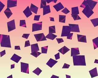Image of Shiny purple confetti falling on gradient red background